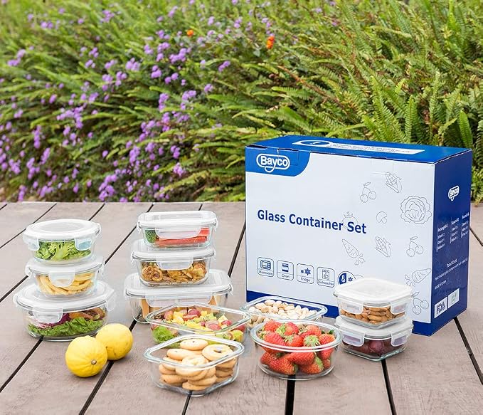 Bayco Glass Food Storage Containers, [24 Piece] Airtight Meal Prep Bento Boxes, Leak Proof (12 lids & 12 Containers) - White - Image 6