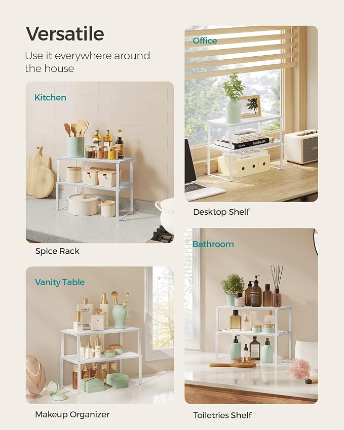 SONGMICS Cabinet Organizer Shelf, Set of 4 Kitchen Counter Shelves, Kitchen Storage, Spice Rack, Stackable, Expandable, Metal and Engineered Wood, Cloud White and Snow White UKCS028W01 - Image 5
