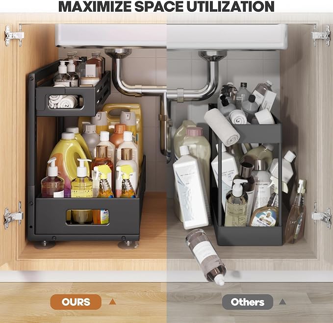 2 Pack 19IN-Depth Under Sink Organizer,Pull Out Cabinet Organizer With Smooth Cylindrical Rail,Metal Slide Out Drawer for Kitchen Bathroom Laundry,8-Level Tool Free Height Adjustable-Black - Image 6