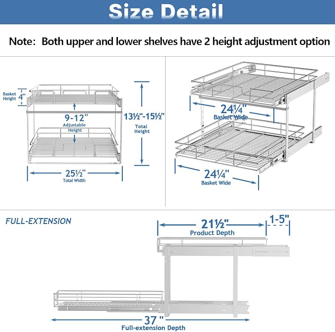 ROOMTEC Individual Pull Out Cabinet Organizer (25½"W x 21½"D), 2 Tier Spice Rack Organizer for Cabinet, Slide Out Drawer Pantry Shelf Organization and Storage for Kitchen Bathroom - Image 3