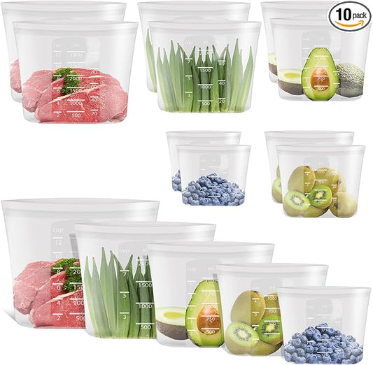 Premium Silicone Reusable Food Bags, Family Storage Set, 10 Pack, 100% Platinum Silicone Food Storage Bag Stand-Up Wide-Mouth Zip-Lock, Microwave Dishwasher Safe, 2XL/2L/2M/2S/2XS, Crystal-Clear by Annaklin