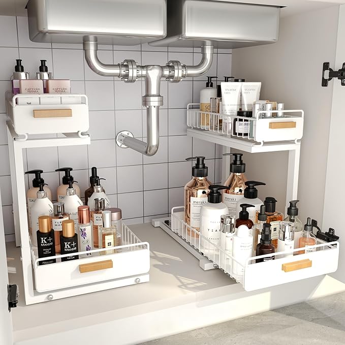 Under Sink Organizer Kitchen - Upgraded Professional Rails, 2 Tier Dual Pull Out Cabinet Storage, Height Adjustable Under Sink Storage, Metal Sliding Drawer for Kitchen & Bathroom, White, 2 Pack by HOMEBOSILY