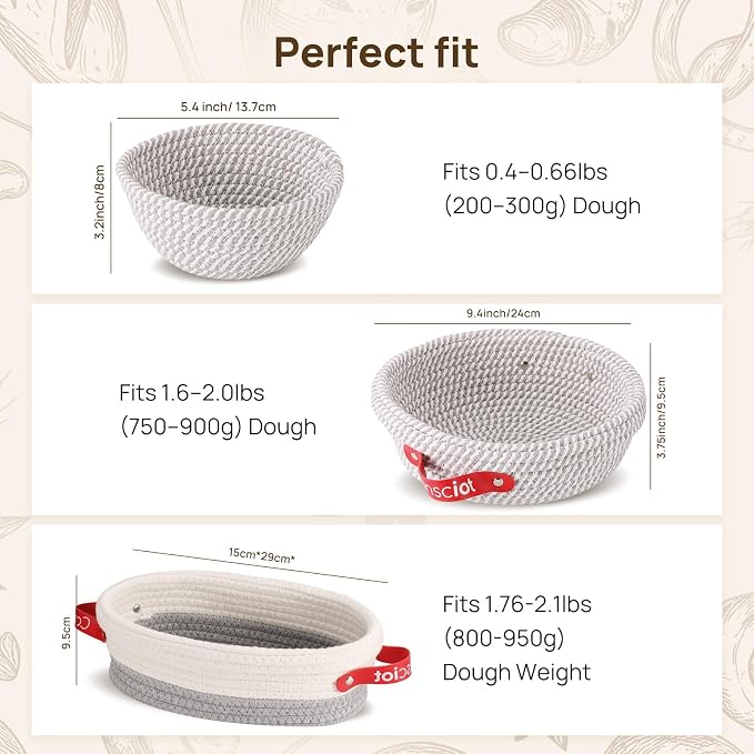 Sourdough Starter Kit 5 Banneton Round & Oval, Consciot Cotton Rope Bread Proofing Basket Set, Sourdough Bread Baking Supplies, Bread Baskets With Liners & Covers, Gift for Bakers Women Kids Family - Image 6