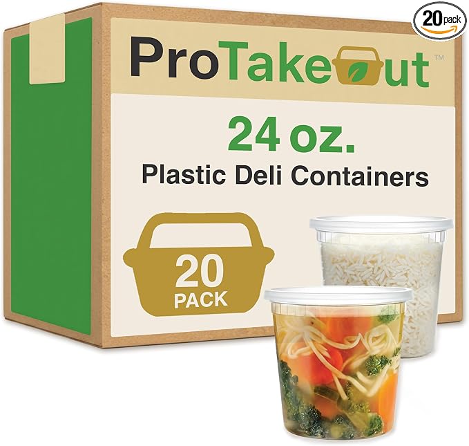 24oz [20 set] Heavy Duty Plastic Deli Container | BPA-Free Food Storage with Airtight Leak‑Proof Lids | Microwave, Freezer & Dishwasher Safe – Stackable, Bulk Reusable Soup & Meal Prep Tub by ProTakeOut
