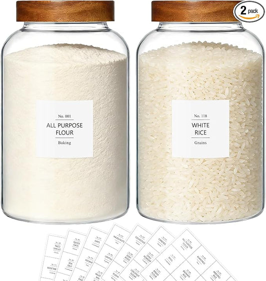 KEYWING 1 Gallon Glass Jars w/Acacia Lids for Flour & Rice Containers 2Pcs | Large Wide Mouth Airtight Food Storage Containers, Pantry Kitchen Organizer for Egg Sugar Cereal -3800ml with 126 Labels by KEYWING