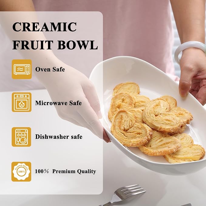 Large Size 3 Tier Ceramic Fruit Bowl,（13.4, 11 and 9.1 inch Plate）More Storage Space, Golden Metal Stand for Kitchen Counter,Porcelain Fruit Basket for Countertop, Snack, Nuts, Cake, Dessert - White - Image 4