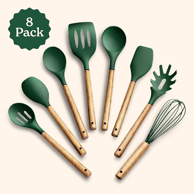 Country Kitchen Non Stick Silicone Utensil Set with Rounded Wood Handles for Cooking and Baking, 8 Piece Set, Green - Image 2