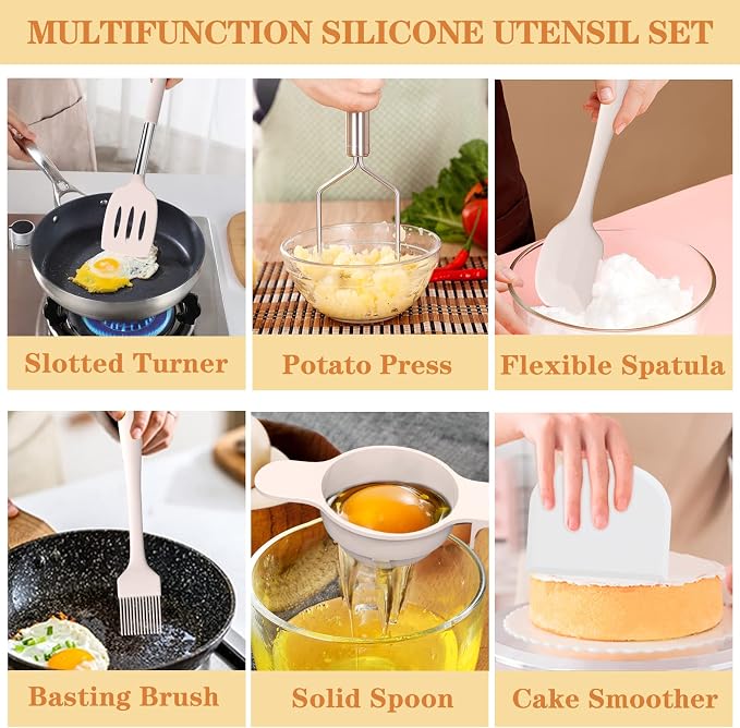 Silicone Cooking Utensil Set, Umite Chef 43 PCS Heat Resistant Kitchen Utensil Gadgets Set-Stainless Steel Handle- Kitchen Spatula Tools for Nonstick Cookware, Pots and Pans Accessories (Khaki) - Image 5