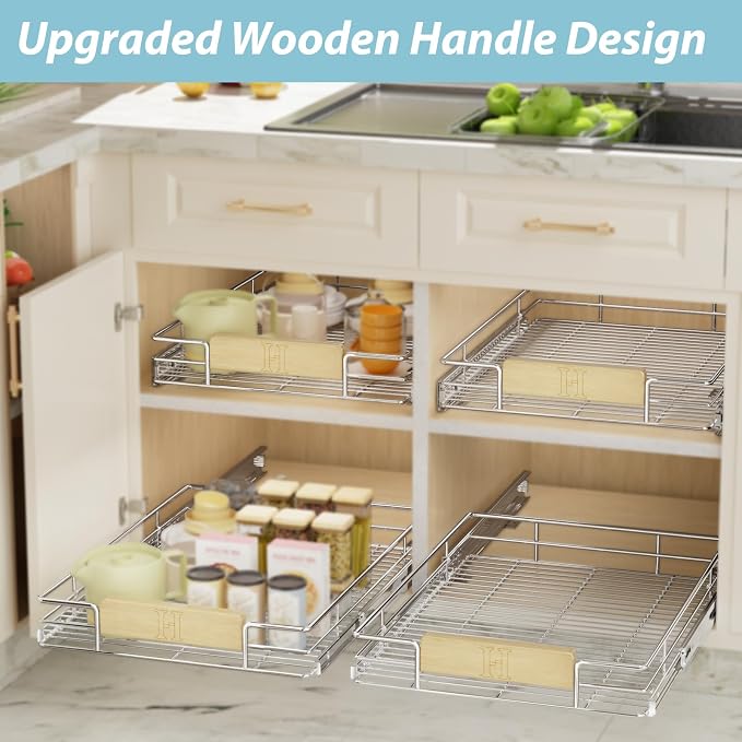 LOVMOR Pull Out Cabinet Organizer with Wooden Handle, 16½" W x 21½"Heavy Duty Cabinet Drawers Shelves Slide Out Organizer for Kitchen, Pantry - Image 6