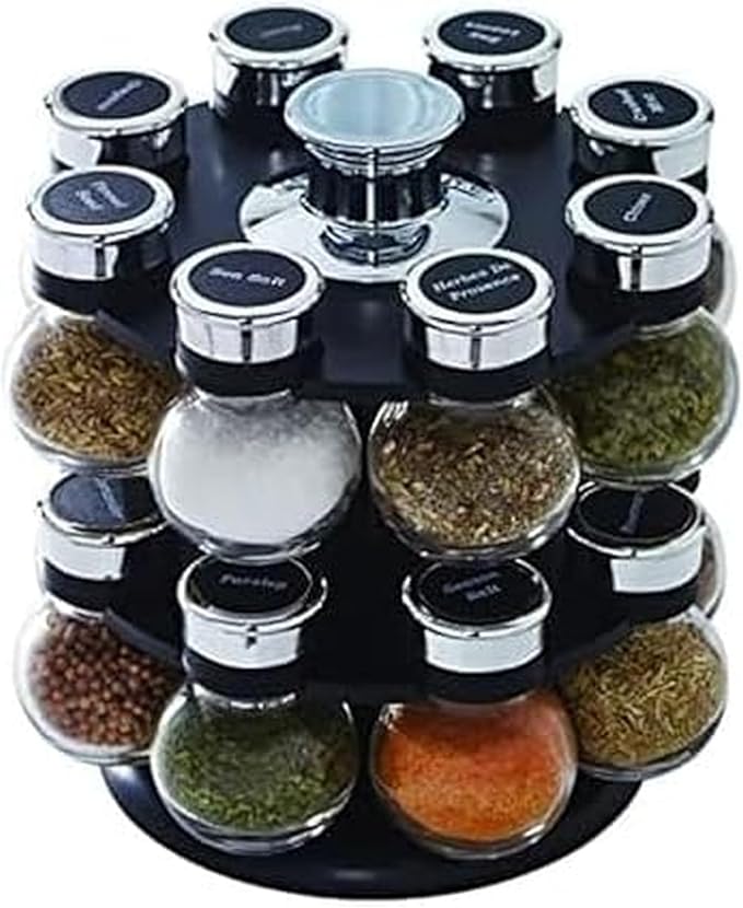 Kamenstein 16 Jar Ellington Revolving Countertop Spice Rack with Lift & Pour Caps and Spices Included, FREE Spice Refills for 5 Years: Black and Chrome by Kamenstein