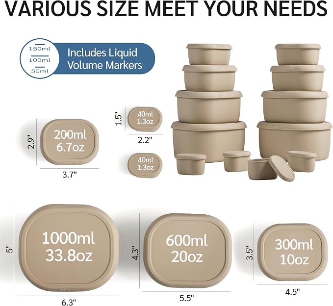 ISSEVE 12Pcs/Set Nesting Silicone Food Storage Containers with Lids | BPA-free, Reusable, Meal Prep Containers, Small Freezer Portions, Dishwasher Cleaning, Nested Cabinet Storage, 5 Sizes, Beige - Image 4