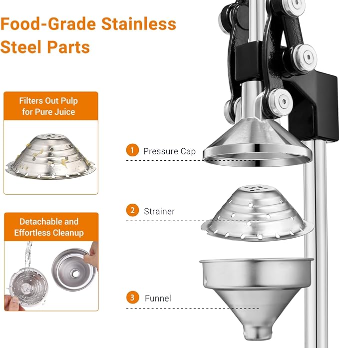 TONGCHANT Cast Iron Manual Juicer for Orange Lemon Lime Pomegranate &Citrus | Heavy Duty Orange Juicer Squeezer, Hand Press Juicer, Citrus Press, Stainless Steel Cup, Easy to Clean, Black - Image 4