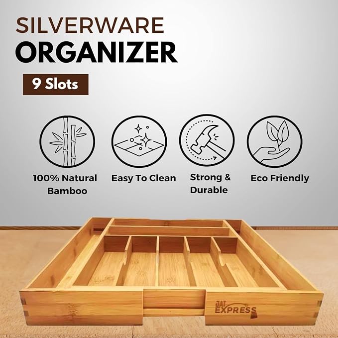 Bamboo Kitchen Utensil Organizer, Expandable Silverware Organizer for Kitchen Drawers, Premium Wood Drawer Organizers, Silverware Holder Tray for Drawers Flatware-Cutlery Organizer for Drawer - Image 6