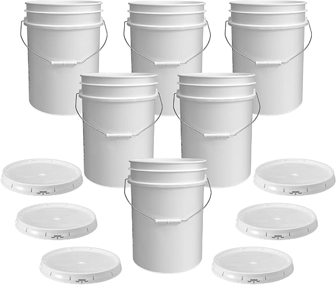 5 Gallon Bucket - Food Grade w/Lid BPA-Free, 6 Pack - White | Airtight Gasketed Tear Strip Lid, Heavy-Duty 90 Mil HDPE Plastic Pail, Bulk Storage, Food Safe Durable Container, Made in USA by ePackageSupply