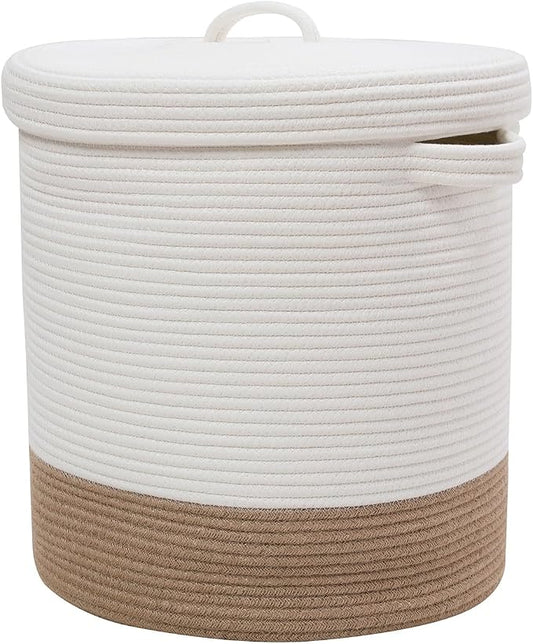 16x18 Inch Extra Large Round Cotton Rope Storage Basket with Lid, Decorative Woven Bin with Cover for Living Room Bedroom Closet, White & Jute by Cottonphant