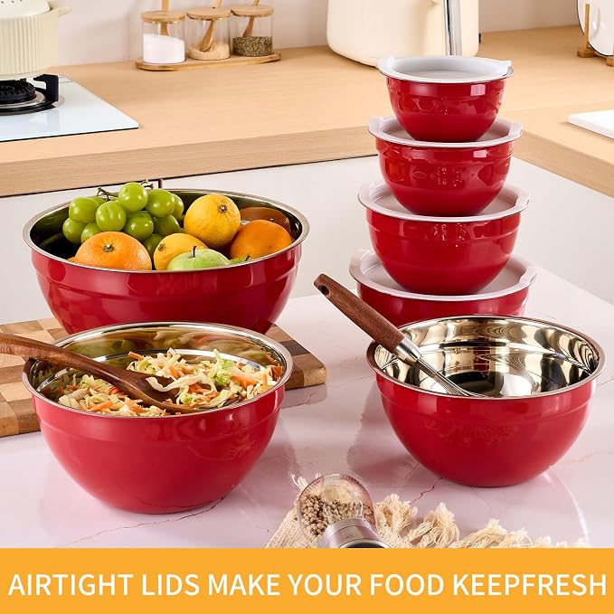 Red Mixing Bowls with Airtight Lids, Stainless Steel Nesting Mixing Bowls Set of 7, Ideal for Baking, Prepping and Serving Food, Size 7, 3.6, 2.7, 2.1, 1.5, 1.1,0.8 QT, Stackable Design - Image 6