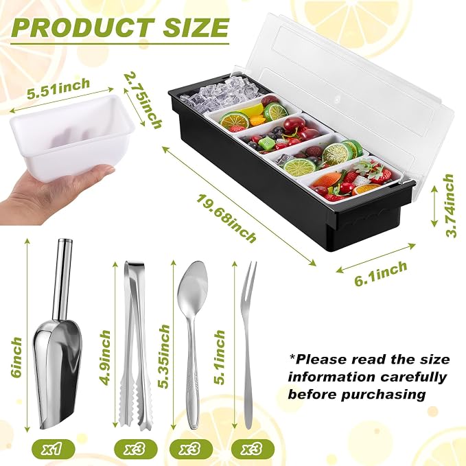 Tessco for you Garnish Tray with Lid Bar Caddy Ice Cooled Condiment Serving Container with Ice Scoop Metal Mini Serving Tongs Fruit Fork Spoons for Food Home Party Kitchen(Plastic,5 Grids) - Image 2