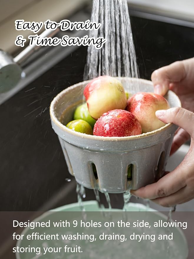 Gomakren Ceramic Berry Bowl Set of 2, Fruit Containers for Fridge, Gray | Drain Holes Keep Berries Fresh, Stackable, Wash & Serve | 5.8In Round Strawberry Grape Cherry Basket, Farmhouse Kitchen Decor - Image 4