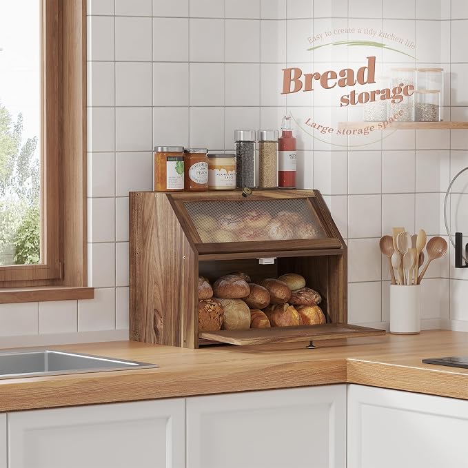 STDDRE Bread Box for Kitchen Countertop Large Double-Layer Wooden Corner Bread Box Farmhouse Bread Storage Bin Acacia Wood (Brown, Large) - Image 3