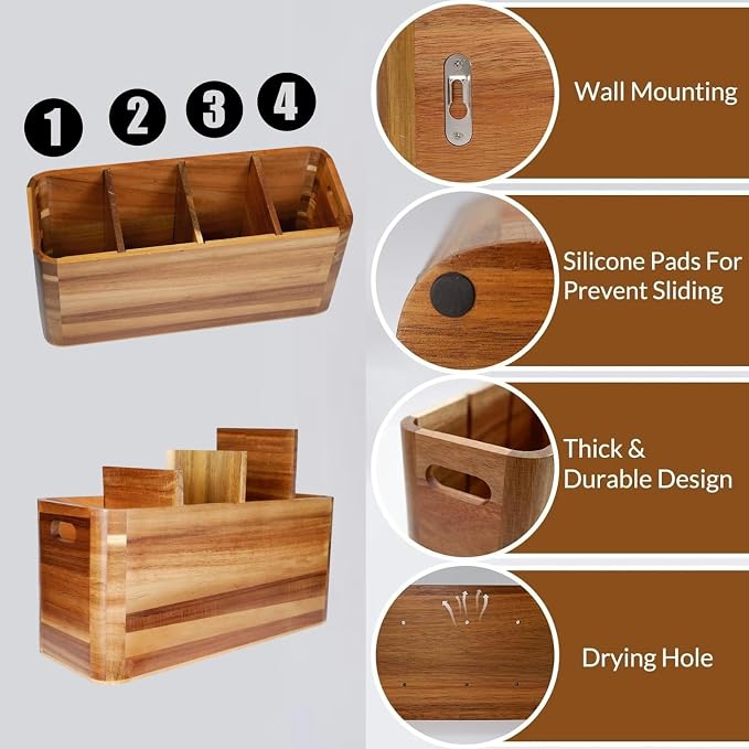 Kitchen Utensil Holder for Counter or Countertop, Extra Large Acacia Wood Organizer with 4 Compartments, Wooden Utensil Holder for Cooking and Silverware, Rustic Wood Container Sturdy Utensil Crock - Image 5