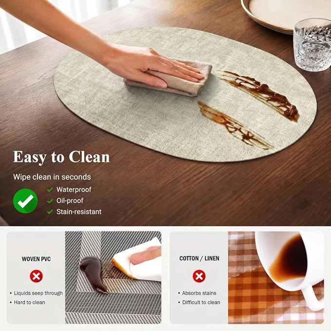 Placemats Set of 8-17" x 11.8" Waterproof & Heat Resistant Oval Place Mats, Wipeable Washable Double Layer Faux Leather Table Mats, Sage Green - Image 3