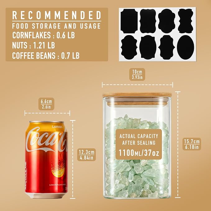 D2scrma 37oz Airtight Glass Square Storage Canisters with Bamboo Lid Set of 6 (1100ml) Stackable Containers, Kitchen Jars for Pantry Noodles, Flour and Coffee beans (‎with Black Lable) - Image 2