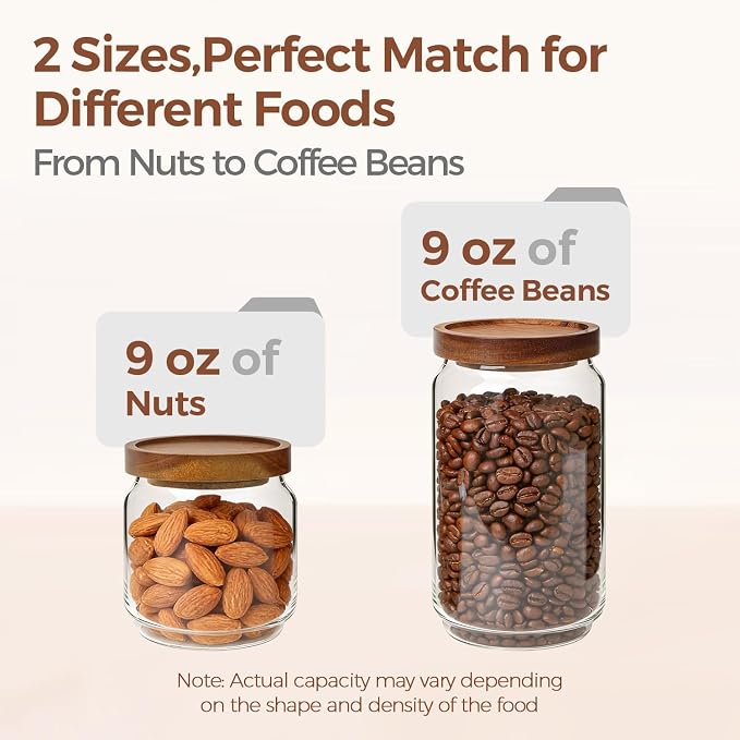 ComSaf Glass Pantry Storage Container with Acacia Wood Lids 1.1/0.5Qt 6Pack | Food Canister for Cooks, Oats Coffee Sugar Nuts Snacks Tea Candy, Pantry Kitchen Living Room, Stacked Design, Jar with Labels - Image 3