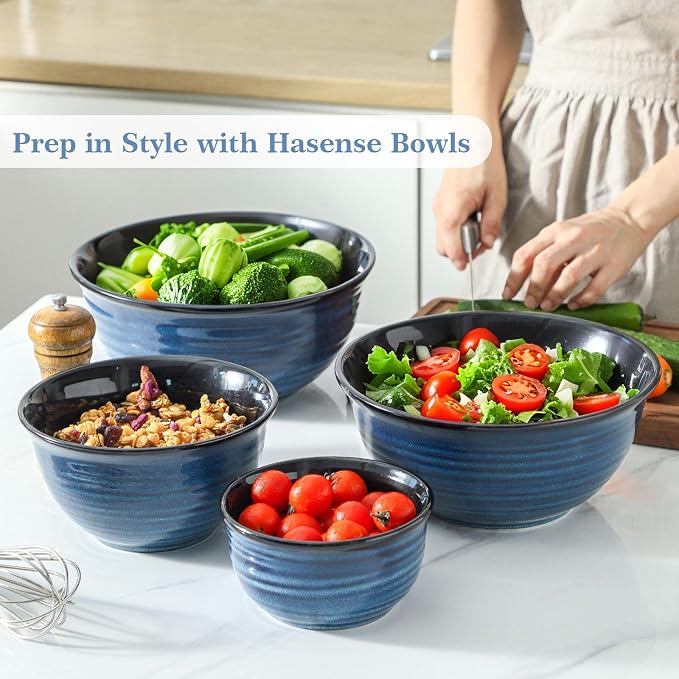 Hasense Mixing Bowls Set, Porcelain Large Salad Bowls for Cooking, Baking, Prepping, Serving, Blue Nesting Dishes for Housewarming Gift, Microwave Dishwasher Safe, 2.8/2.1/1.0/0.5 Qt - Image 7