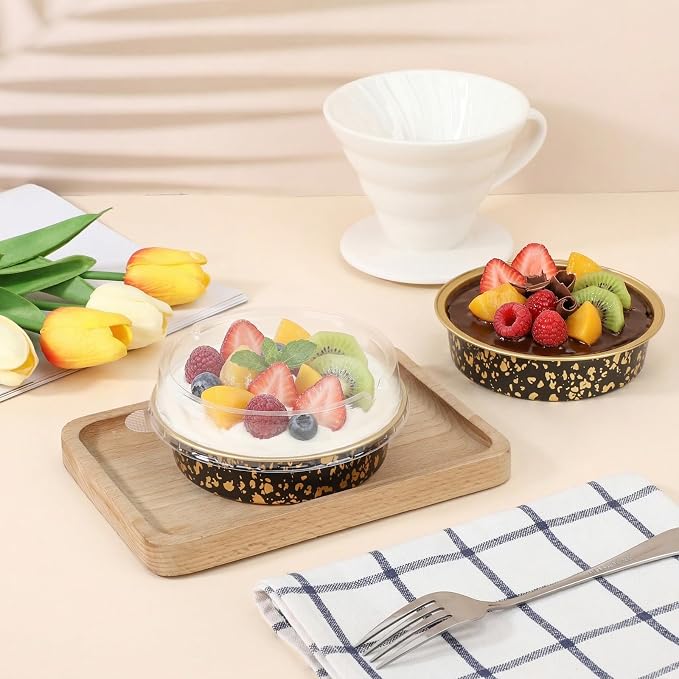 Beasea 7.3oz Cheesecake Pan with Lids, 20 Pack 4 Inch Round Aluminum Foil Disposable Tart Tins, Cupcake Container with Lids Mini Pie Tart Pans Baking Cups For Pizza Quiche - Black Gold Speckles - Image 6