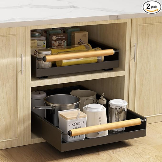2 Pack 15.3'' Deep Expandable Slide Out Cabinet Shelf No-Drill Pull Out Drawer with Nano Film Adhesive, Heavy Duty Pull Out Tray for Kitchen, Pantry & Bathroom, Black by Upesitom