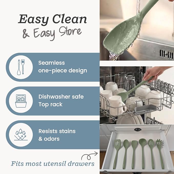 Starpack Like a Boss XL Silicone Cooking Utensils Set (6-Piece, 13.5") - LFGB Certified, 600°F Heat Resistant, BPA-Free - Heavy-Duty Steel Core, Dishwasher Safe - for Nonstick Cookware, Sage Green - Image 8
