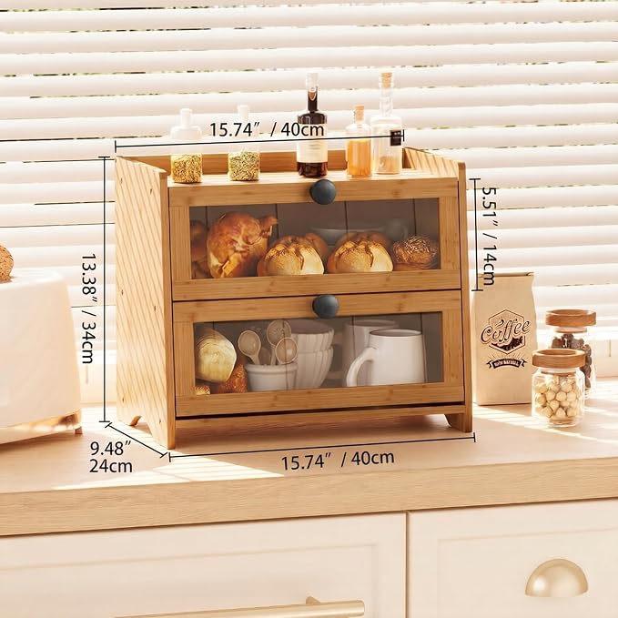 BAMBANG Bread Box for Kitchen Countertop, Extra Large Bamboo Bread Storage Container for Homemade Bread, Double Layer Sourdough Breadox, Bread Bin Organizer for Counter Cabinet Pantry, Natural - Image 5