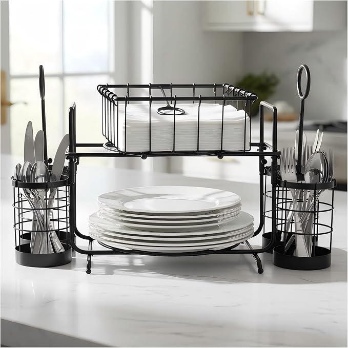 Metal Buffet Caddy Tabletop Organizer, Flatware Napkin and Plate Picnic Caddy Stackable Serving Set for Kitchen, Picnic, Camping, Party,Dining, Entertaining, Parties,Thanksgiving by LihouPapaQ