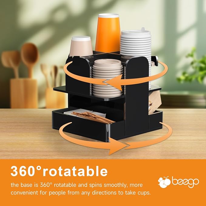 Beego Rotatable 6 Compartment Acrylic Cup Dispenser - Black Plastic Cup Holder for Coffee Station, Restaurant, Breakroom & Coffee Bar - Image 7