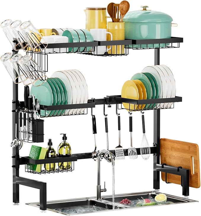 Over The Sink Dish Drying Rack,Expandable Length 3-Tier Large Stainless Steel Over The Sink Dish Rack with 6 Baskets, Utensil Holder Dish Drainers for Kitchen Counter | Stainless Steel, with 6 Baskets & Utensil Holder, for Kitchen Counter, Black - Image 3