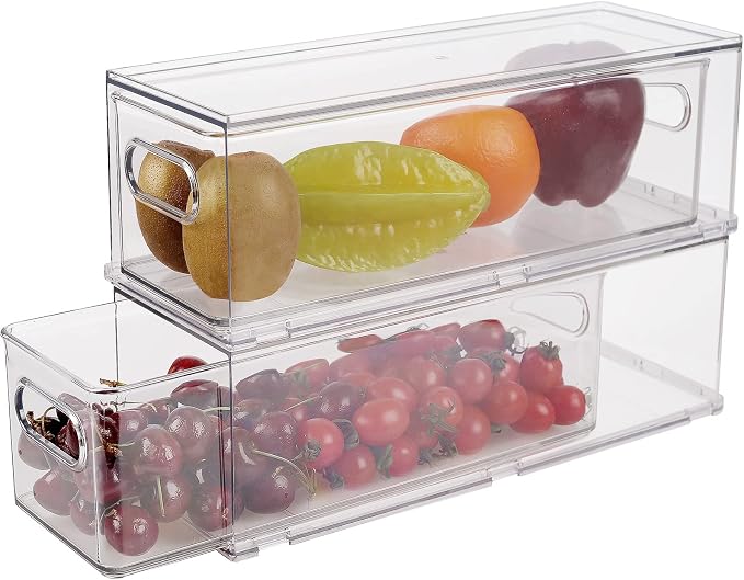 Taiuloo 2 Pack Stackable Refrigerator Organizer Bins with Pull-Out Drawer, Clear BPA-Free Food Storage Containers for Fridge Freezer, Kitchen Pantry Cabinet & Bathroom Vanity Organization by Taiuloo