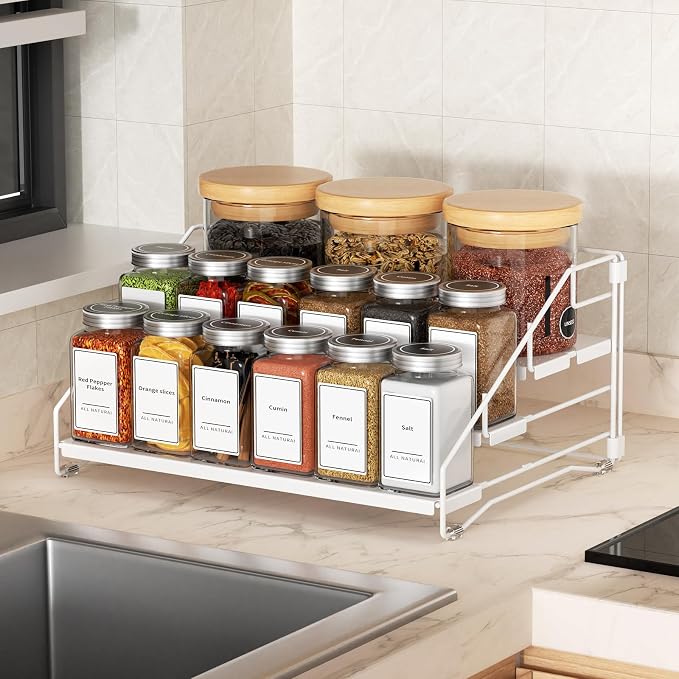 BOIVSHI Tiered Spice Rack, Spice Shelf Organizer for Cabinet, Metal White | 4 Tier Spice Rack for Countertop, Depth Adjustable Spice Organizer, No-screw Assembly, Space-saving for Cabinet, 1 Pack - Image 3