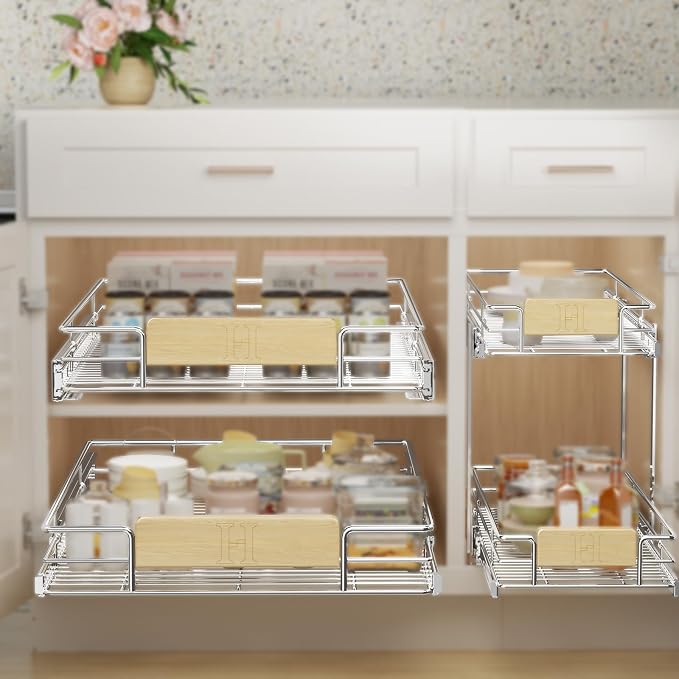 LOVMOR Pull Out Cabinet Organizer with Wooden Handle, 16½" W x 21½"Heavy Duty Cabinet Drawers Shelves Slide Out Organizer for Kitchen, Pantry - Image 8