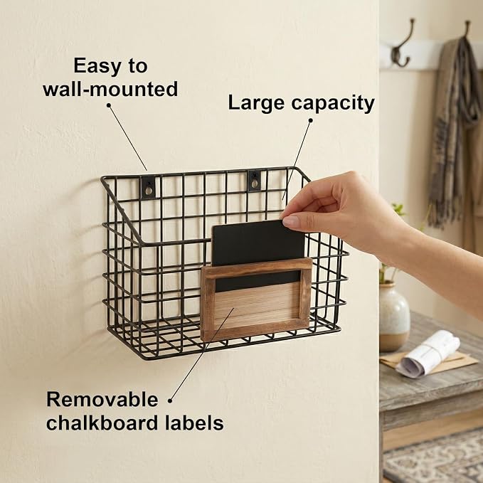 MyGift 10 Inch Wall Mounted Matte Black Metal Wire Storage Baskets with Chalkboard Labels, Small Hanging Organizer Bins for Home Entryway Kitchen Pantry Closet, Set of 3 - Image 4