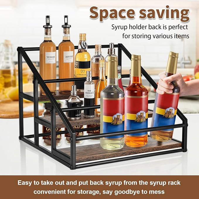 YQBRAO 3-Tier Coffee Syrup Organizer, 12-Bottle Rack, Rustic Brown | Holds up to 12 bottles with stepped visibility and a compact footprint for coffee bars, kitchens, and syrup stations. - Image 6