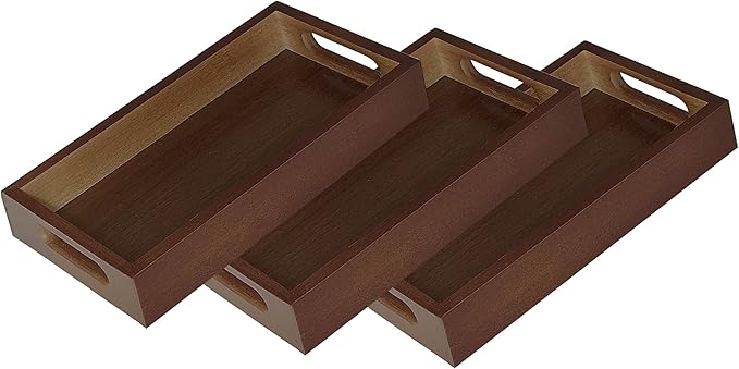 3 Pack Small Serving Mini Tray with Handles - 9.8 Inch Bamboo Tray | Rectangular Tray for Coffee Table, Kitchen Counter, Ottoman | Decorative Organizer for Drinks, Snacks, Bathroom Essentials by VSUINGO-StriveforPerfection