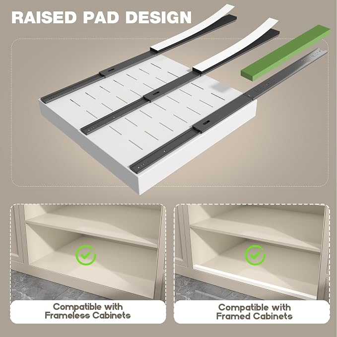 Seinloes 4 Pack Pull Out Cabinet Organizer 22" Deep,Full Extension 3 Slide Rails Slide Out Drawers With Raising Pad for Framed Cabinets,Expandable Width (12.3"-20.5"),No Drill Roll Out shelf,White - Image 6