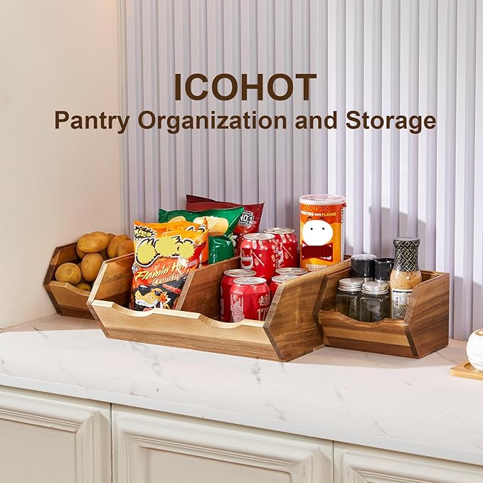 Acacia Wood Pantry Storage Bins, Stackable Storage Baskets Potato and Onion Storage Bins, Pantry Organizer Wooden Baskets Organization and Storage, Set 3 Pieces - Image 2