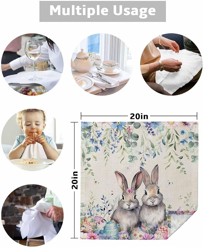 Dinner Cloth Napkins Set of 8, Spring Easter Washable Cocktail Cloth Napkins 20 x 20 Inch, Rustic Bunny Eggs Eucalyptus Leaves Botanical Reusable Table Napkins for Wedding Holiday Party - Image 7
