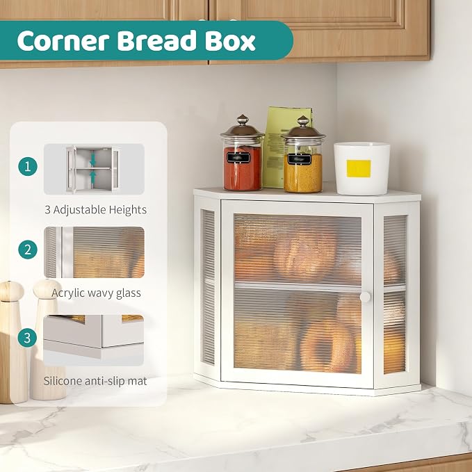 White Corner Bread Box, Bamboo Bread Box for Kitchen Countertop, 2 Tier Wooden Bread Storage, Solid Bamboo Wood - Image 3
