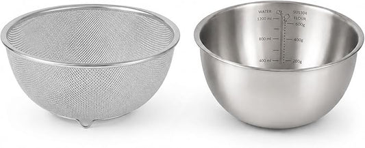 18/8 Stainless Steel Colander with Mixing Bowl, 1.5QT | 1 nesting mixing bowls with measurement marks and 1 fine 30-mesh strainers for rice,vegetables, pasta, baking, and food prep by HAPPYKIT