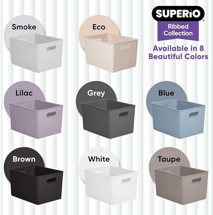 Superio Ribbed Collection - Decorative Plastic Basket Open Home Storage Bins Organizer, Taupe (Set of 3) 1 X-Large, 1 Large, 1 Medium - Container Boxes for Organizing Closet Storage Bins for Shelves - Image 5