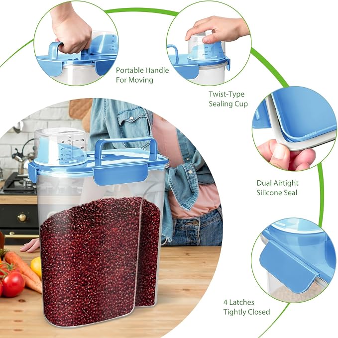Viretec Rice Storage Container, 5 to 10lb Dry Food Airtight Dispenser, Pet Dog Cat Food Canister, BPA Free Clear Plastic Kitchen and Pantry Bin for Oatmeal, Cereal, Pasta, Flour Pack of 2 Blue - Image 4