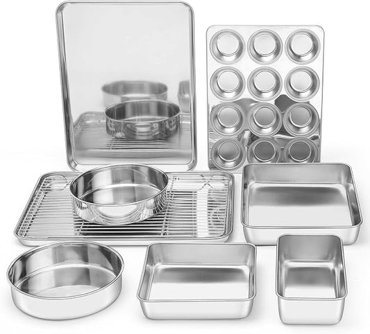 E-far 9-Piece Baking Pan Set, Stainless Steel Bakeware Sets for Sheet Cake Cookie Loaf Muffin, Include Baking Sheet, Round Square Rectangle Baking Pan & Cooling Rack, Dishwasher Safe by E-far