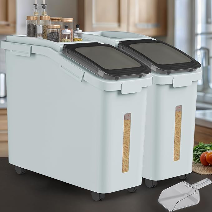 YITAHOME Ingredient Storage Bin, Large Commercial Rice Container with 11.4 Gallon Capacity, Bulk Flour Bin with Wheels, Scoop, Lid, and Scale for Kitchen,2count, Grey - Image 2